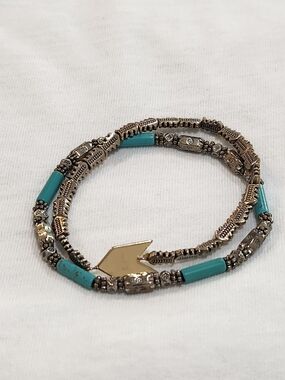 Turquoise and Silver Tone Beaded Arrow Wrap Bracelet
